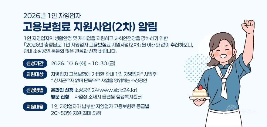 2026년 1인 자영업자 고용보험료 지원사업(2차) 알림
1인 자영업자의 생활안정 및 재취업을 지원하고 사회안전망을 강화하기 위한 ｢2026년 충청남도 1인 자영업자 고용보험료 지원사업(2차)｣을 아래와 같이 추진하오니, 관내 소상공인 분들의 많은 관심과 신청 바랍니다.
가. 사 업 명 : 2026년 1인 자영업자 고용보험료 지원사업(2차)
나. 신청기간 : 2026. 10. 6.(화) ~ 10. 30.(금)
다. 지원대상 : 자영업자 고용보험에 가입한 관내 1인 자영업자* 사업주
* 상시근로자 없이 단독으로 사업을 영위하는 소상공인
라. 신청방법
- (온라인 신청) 소상공인24(www.sbiz24.kr)
- (방문 신청) 사업장 소재지 읍면동 행정복지센터
마. 지원내용 : 1인 자영업자가 납부한 자영업자 고용보험료 등급별 20~50% 지원(최대 5년)